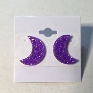 Purple Glitter Crescent Moon Earrings